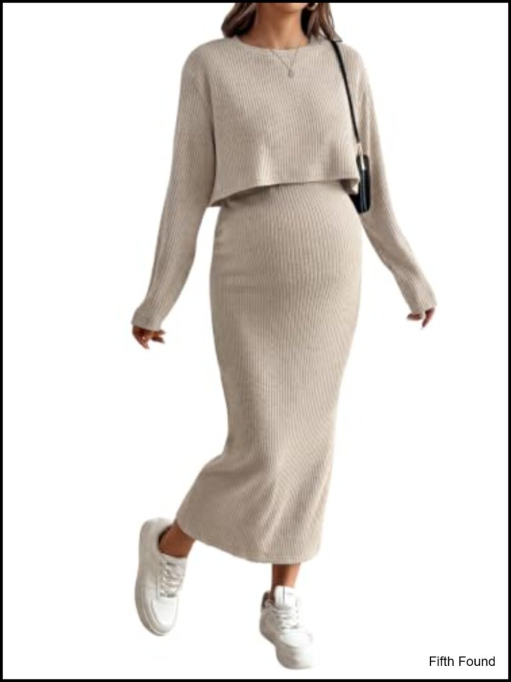 Maternity 2 Piece Set Ribbed Knit Crop Top Midi Skirt Bodycon Side Slit